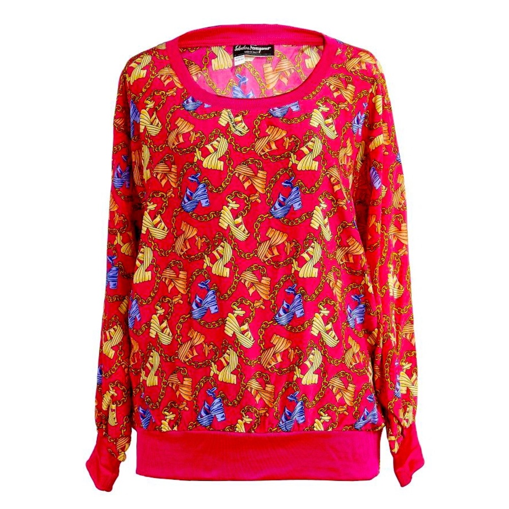 Salvatore Ferragamo All-Over SHOE Pattern Silk Blouse Gold Chain